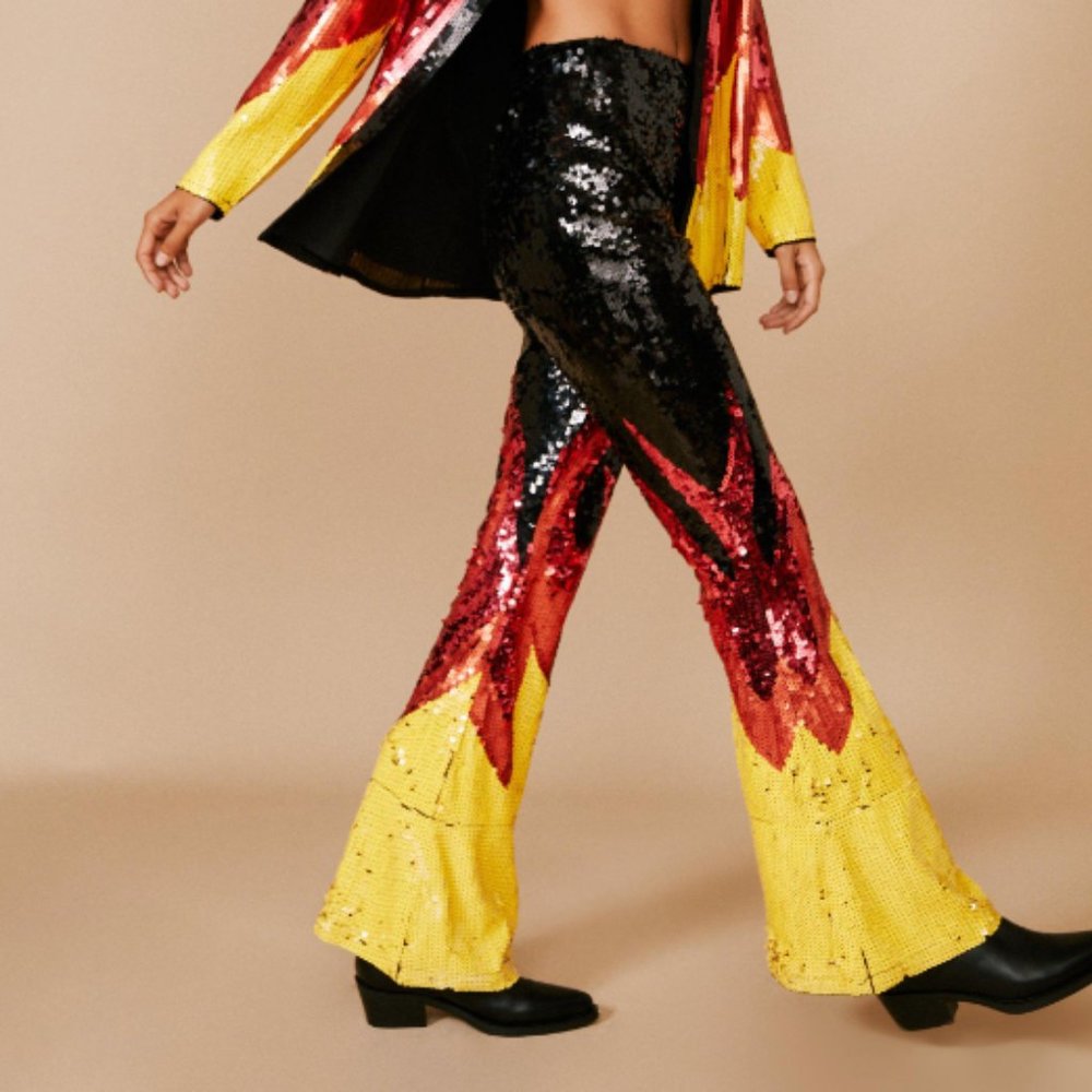 Sequined Flame Flared Pants - Festival - High Waist